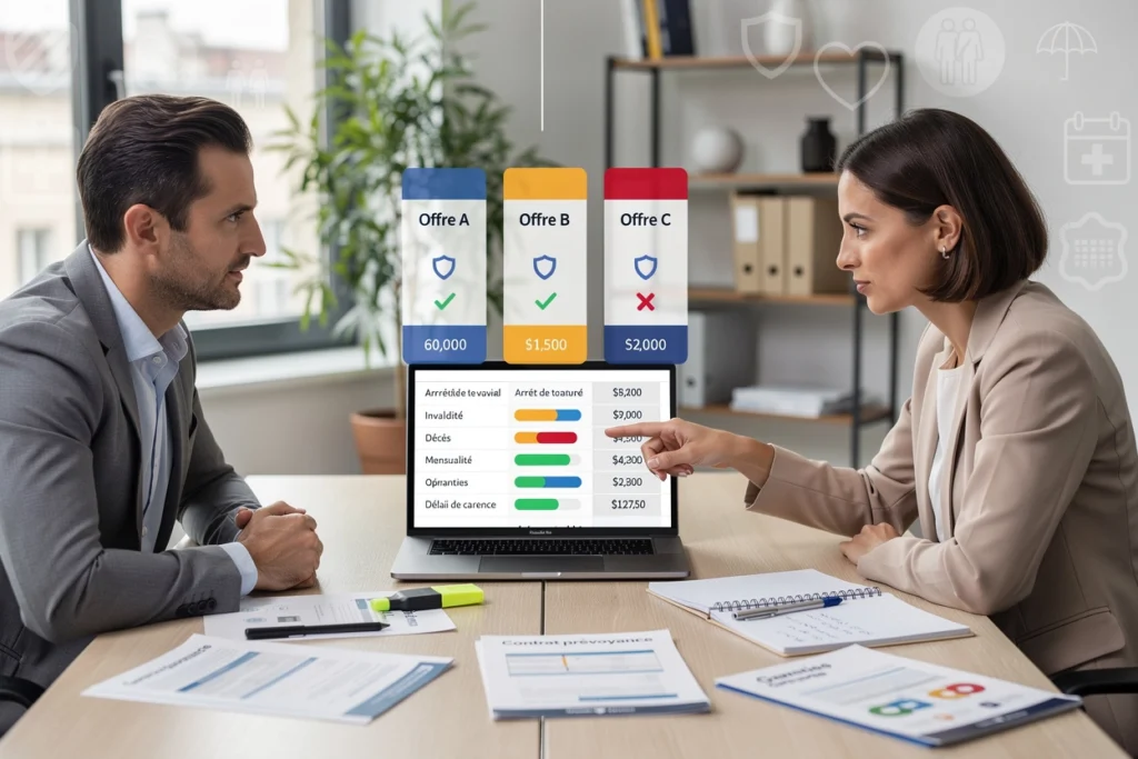 Deux personnes discutent et comparent des offres d'assurance