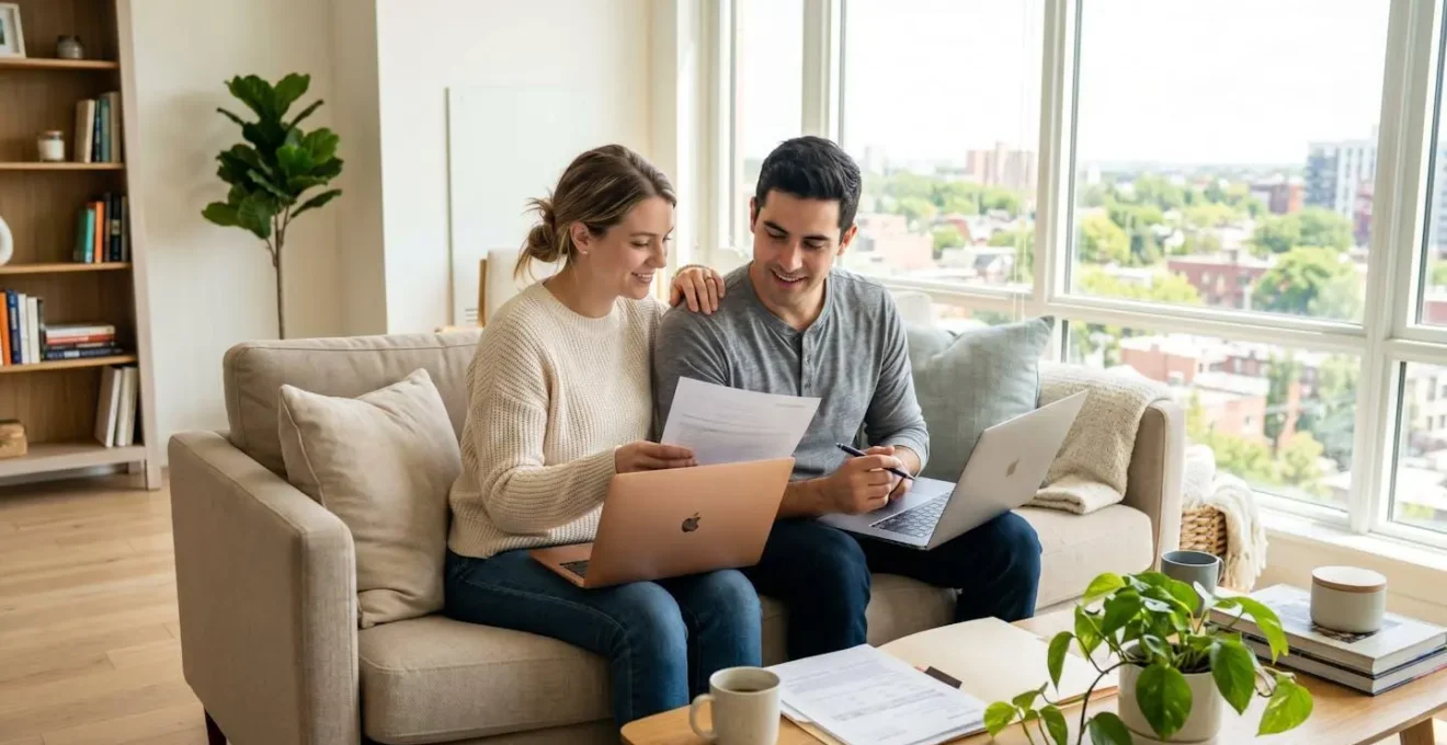 Un jeune couple souriant consulte des documents et un ordinateur portable dans un salon moderne et lumineux, ambiance sereine et rassurante