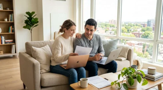 Un jeune couple souriant consulte des documents et un ordinateur portable dans un salon moderne et lumineux, ambiance sereine et rassurante