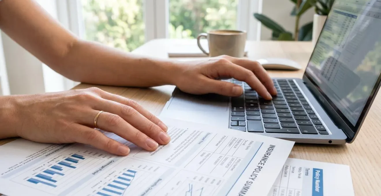 Une personne concentrée consulte des documents papier et un ordinateur portable sur un bureau dans un intérieur lumineux